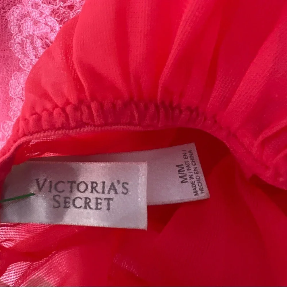 Victoria secret babydoll rhinestone pink bow tie satin silky floral lace dress
